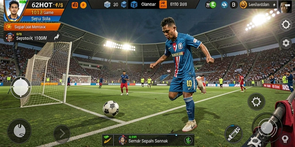 Screenshot gameplay 62HOT menampilkan aksi seru dalam permainan sepak bola.