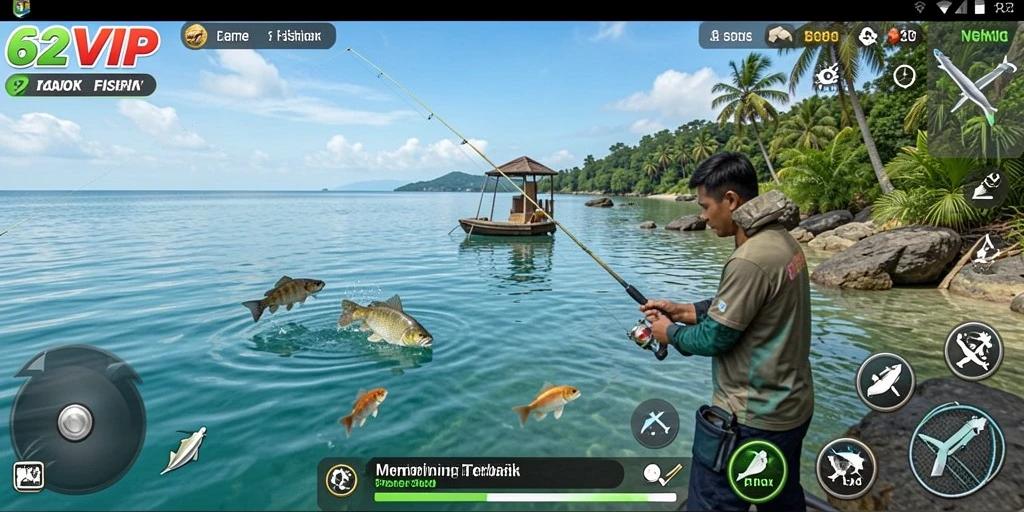 Screenshot gameplay 62VIP dengan aksi memancing yang seru.