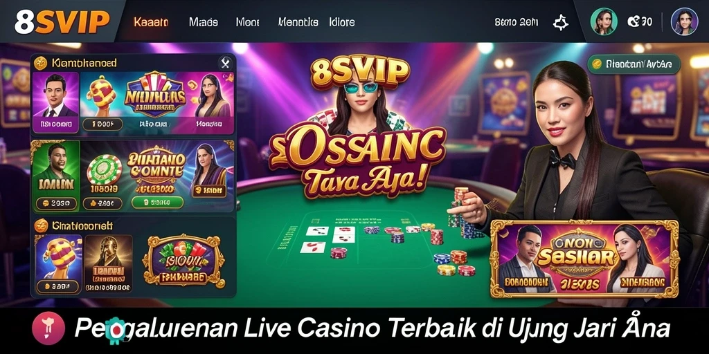 Screenshot gameplay <strong>8SVIP</strong> yang menampilkan dealer langsung dan suasana kasino.