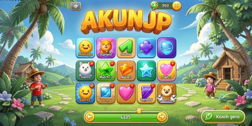 Tangkapan layar menunjukkan gameplay seru AKUNJP dengan berbagai tantangan Match-3.