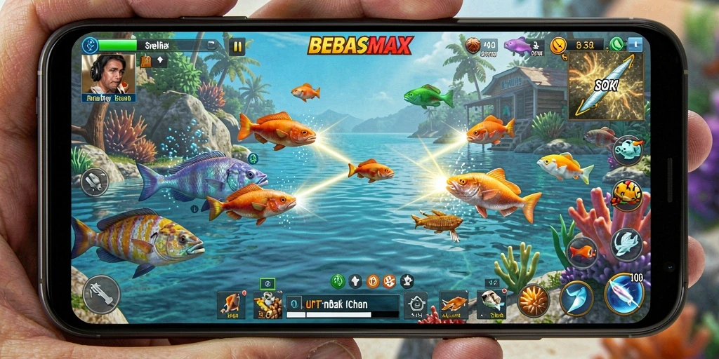 Tampilan gameplay seru dalam BEBASMAX dengan berbagai ikan untuk ditangkap.