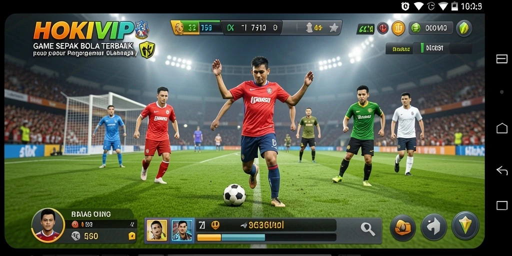 Gameplay HOKIVIP menampilkan aksi seru pertandingan sepak bola.