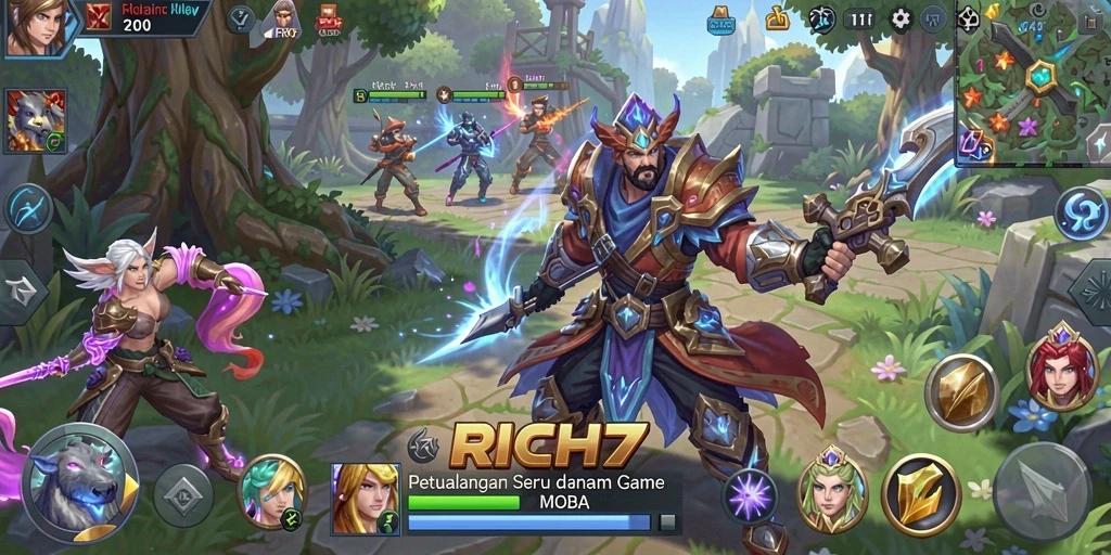 Gameplay RICH7 yang seru dan kompetitif di arena MOBA.
