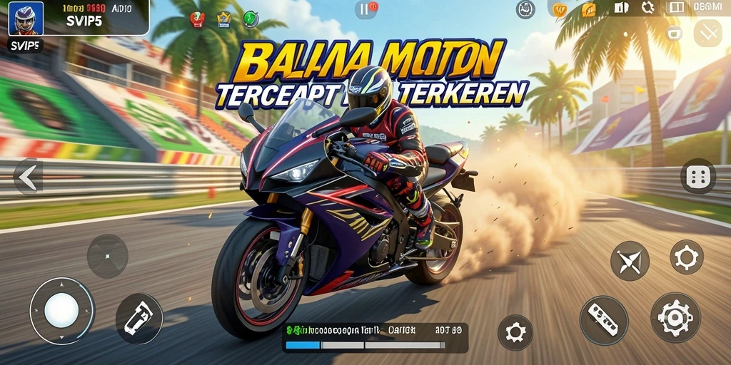 Screenshot utama SVIP5 menampilkan aksi balapan motor yang mendebarkan.