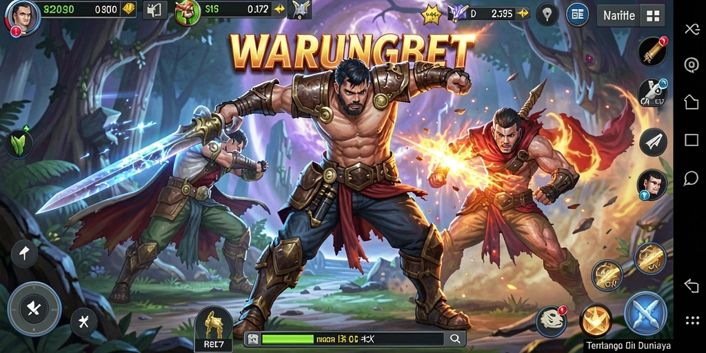 Screenshot menunjukkan karakter-karakter bertarung dalam aksi mendebarkan di WARUNGBET.